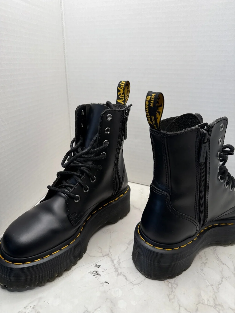 Dr. Martens Black Platform Lace-Up Boots with Yellow Stitching